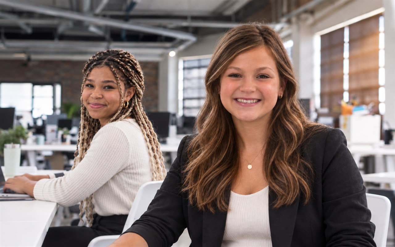Emilia and Tiana smiling in an office